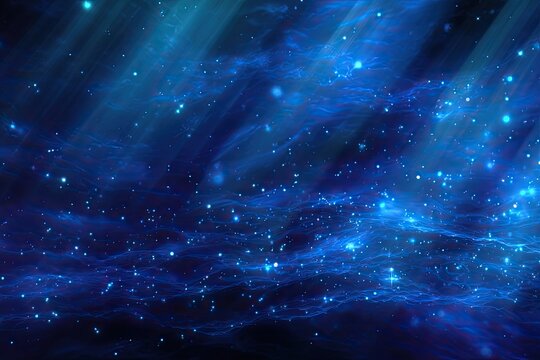 Deep blue cosmic nebula with glowing particles and light rays