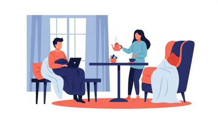 Cozy morning scene with woman pouring tea for man working on laptop, creating a feeling of warmth and connection at home, perfect for lifestyle content