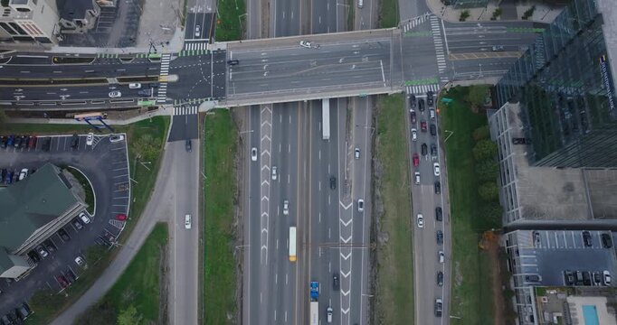 Aerial view of busy Interstate 40 in Nashville, showing city life