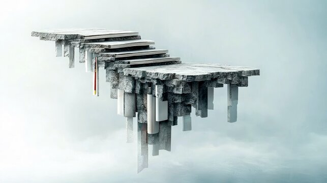 A surreal staircase constructed from stone slabs and stacked books appears to float in a hazy, ethereal sky. - Powered by Adobe