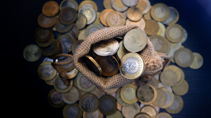Kolkata, India dated 21.11.2025, Indian rupee coins in the burlap money bag shows Accumulating Rupees: Investment, Savings and Returns, EMI concept of Indian financial conditions.