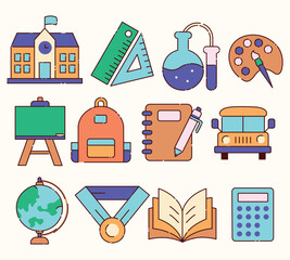 School Education Icons Set &ndash; Colorful Flat Vector Illustration