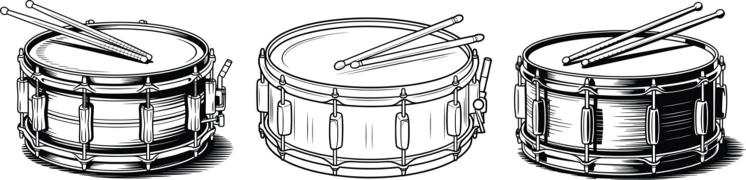 Vintage Snare Drum Set, Silhouette Vector Illustration.