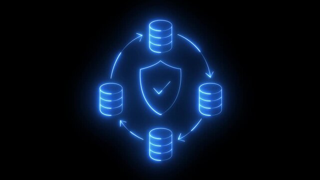 glowing neon Data protection icon isolated on black background. database Data protection icon. technology of data protection and processing, connection hosting server, database synchronize system.