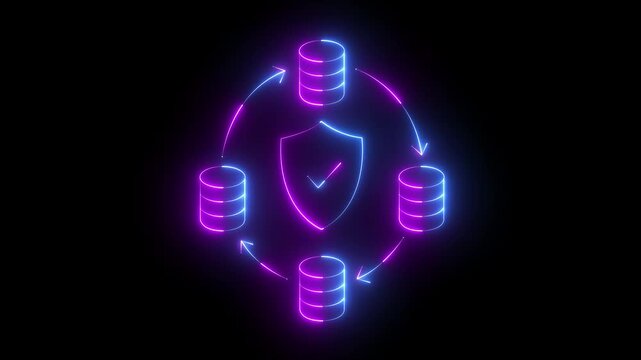 glowing neon Data protection icon isolated on black background. database Data protection icon. technology of data protection and processing, connection hosting server, database synchronize system.