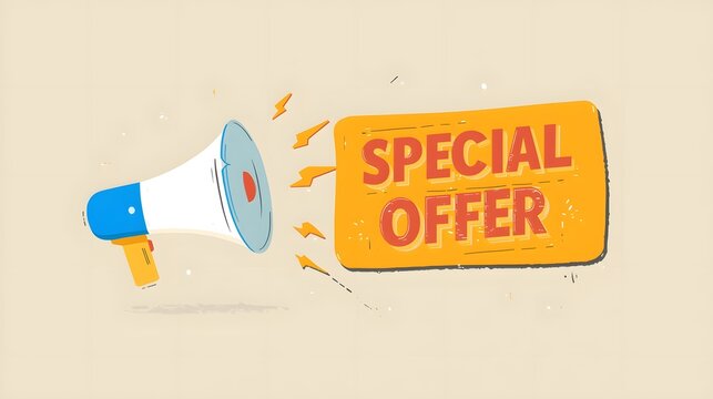 Bold promotional design with megaphone illustration and large red text reading SPECIAL OFFER, styled with dynamic graphic elements and bright colors on a clean background, ideal for advertising, marke