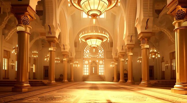 Serene interior of a grand mosque bathed in golden light with ornate columns and chandeliers