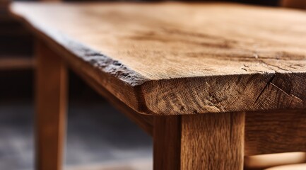 Close-up of a wooden table edge, showcasing natural wood grain and unique edge