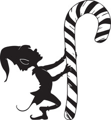 Christmas Elf Silhouette Holding Giant Candy Cane Vector Illustration for Holiday Design
