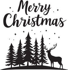 Merry Christmas Vector Lettering with Reindeer and Pine Tree Forest Silhouette Design