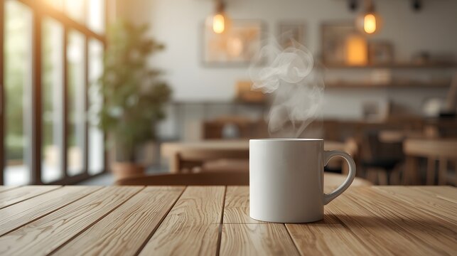 Warm inviting café scene featuring a steaming cup of coffee on a wooden table, surrounded by soft ambient lighting, blurred interior décor, and a cozy relaxed atmosphere that evokes comfort, calm, and