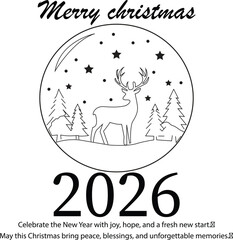 Christmas Sphere with Reindeer and Pine Trees for New Year 2026 Vector Outline Graphic