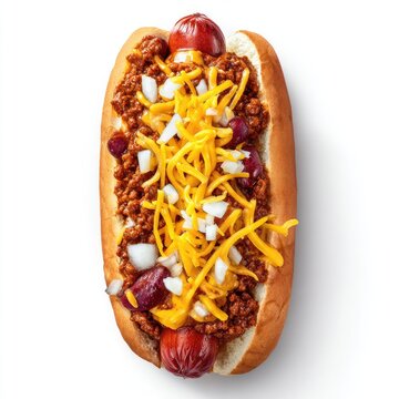 Chili dog topped with cheese, onions, and sauce