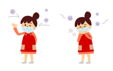 マスクをする女性とウイルス　セット