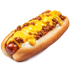 A chili dog, topped with chili, melted cheese, and mustard