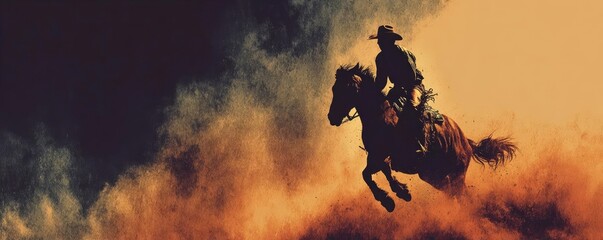 Cowboy and horse perform in vintage-style rodeo concept. A cowboy rides through dust, embodying the spirit of the wild west.