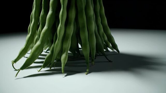 Close up of fresh green beans tied together with a string.