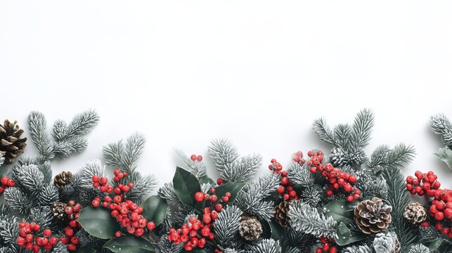 Christmas border arrangement along the bottom edge with frosted pine branches and red berries, Winter holiday banner on white background with snow-covered fir and holly