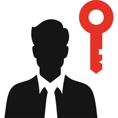 Silhouette of a Man in a Suit and Tie Next to a Red Key Symbol on a Transparent Background Representing Access and Security Concepts