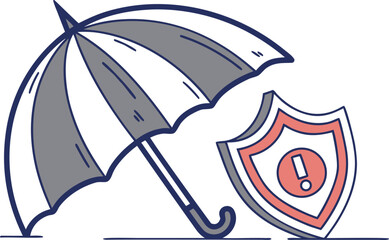 Flat vector illustration showing umbrella protecting laptop with lock and warning shield, symbolizing cybercrime risks, data breach alerts and online security for tech banners, apps and infographics.