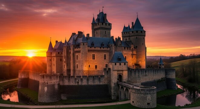 Majestic medieval castle silhouetted against a vibrant sunset sky with luminous glow and soft