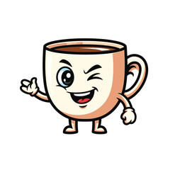Winking coffee cup character mascot waving hello brings a friendly, cheerful vibe to any project, perfect for cafes, menus, and playful designs