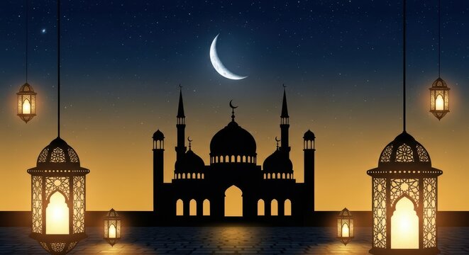 Ramadan kareem mosque crescent moon lanterns night sky sunset - Powered by Adobe