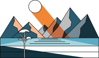 Modern mountain landscape with a stylized tree and vibrant sun creates a peaceful and serene escape perfect for digital art projects or website designs
