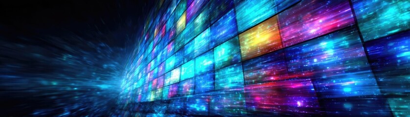 Dynamic collage mixing news and digital screens concept. Abstract digital data visualization with colorful light patterns.