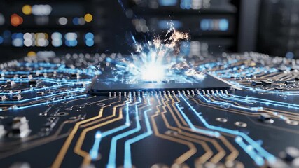 Integrated Circuitry Unveiled in Close Up 4K UHD, Perfect for Tech Inspired Advertising, Editorial Content, or Educational Presentations Highlighting the Complexity of Modern Electronics and.