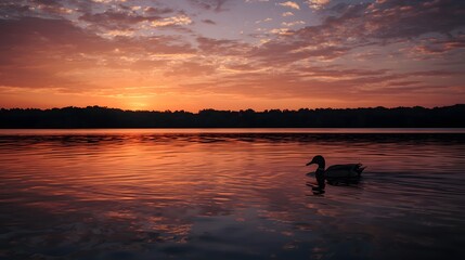 Tranquil lakeside sunset scene with vivid warm colors reflecting across calm water as a lone duck glides peacefully, creating gentle ripples beneath a dramatic sky filled with glowing clouds and soft 