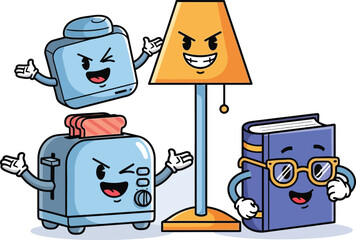 Fun cartoon characters bringing humor to everyday objects like a toaster, lamp, and book makes for cheerful design elements full of personality