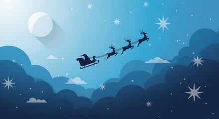 Santa Claus Sleigh Reindeer Night Sky Moon Christmas Illustration