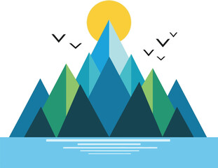 Stunning geometric mountain landscape with vibrant colors and birds in flight, perfect for travel posters or modern design projects, bright and cheerful