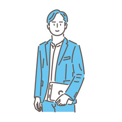 ノートパソコンを持つスタイリッシュなビジネスマンのイラスト