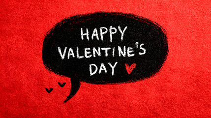 Handwritten happy valentine s day message in a black speech bubble on a textured red background with small hearts
