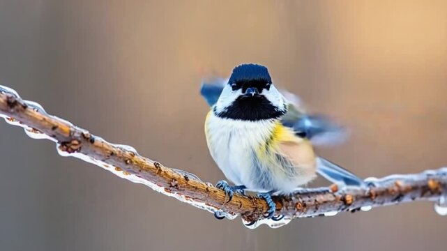 Small bird with black head perched on an icy branch in a close up nature photography shot bird video