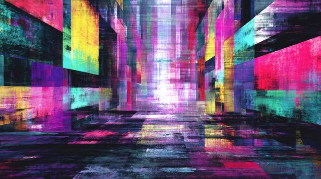 Dynamic collage mixing news and digital screens concept. Vibrant abstract artwork with colorful geometric shapes and patterns.