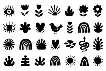 Collection of black bohemian icons, set with eye, flower, bird, snake, sun, rainbow, heart and abstract shapes