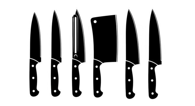 Kitchen Knives And Peeler Outline Set On Black