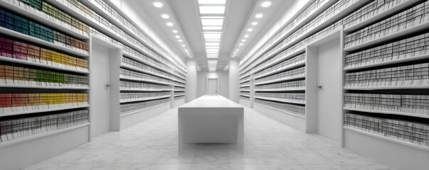 Paint store display with color swatches concept. Modern archive room with shelves and a central table.