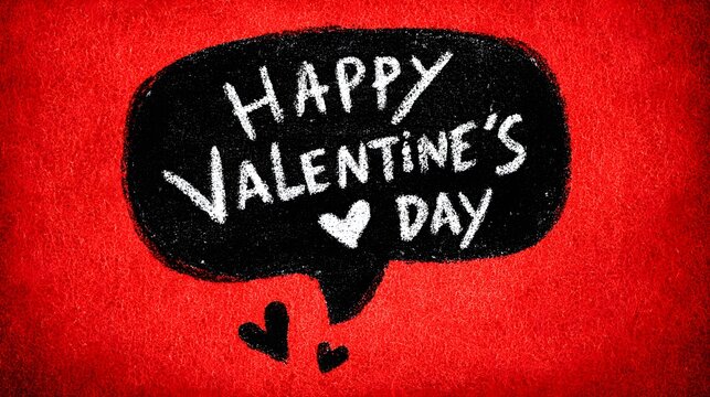 Hand drawn happy valentine s day message in a speech bubble on a textured red background with hearts