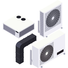 Isometric illustration of climate control systems featuring white outdoor air conditioning units and ducting on a transparent background