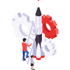 Isometric illustration of people building a rocket ship with large gears and a ladder against a clean white background symbolizing teamwork and innovation