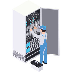 IT Technician In Blue Overalls And Cap Working On Server Rack With Open Door And Toolbox On White Background