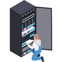 IT Technician Installing Server Rack Component in Data Center Room with Isometric View and Transparent Background