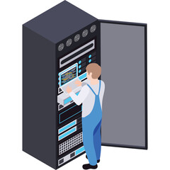 IT Professional Working on Server Rack in Data Center with Open Door and Glowing Screen Showing Code in Isometric View