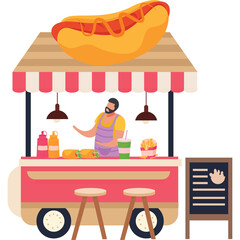 Illustration Of A Hot Dog Stand With A Vendor Serving Food And Drinks On A Transparent Background