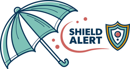 Flat vector illustration showing umbrella protecting laptop with lock and warning shield, symbolizing cybercrime risks, data breach alerts and online security for tech banners, apps and infographics.
