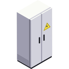 Isometric illustration of a gray electrical cabinet with a yellow warning triangle symbol on a transparent background representing electrical safety and utility infrastructure
